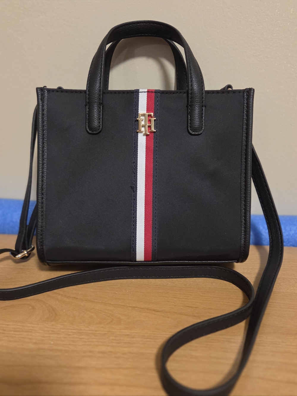 Tommy Hilfiger Black Nylon Mini Satchel with Tricolor Stripe
